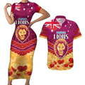 Custom Brisbane Lions Football Couples Matching Short Sleeve Bodycon Dress and Hawaiian Shirt ANZAC Lest We Forget