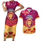 Custom Brisbane Lions Football Couples Matching Short Sleeve Bodycon Dress and Hawaiian Shirt ANZAC Lest We Forget
