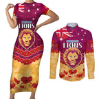 Custom Brisbane Lions Football Couples Matching Short Sleeve Bodycon Dress and Long Sleeve Button Shirt ANZAC Lest We Forget