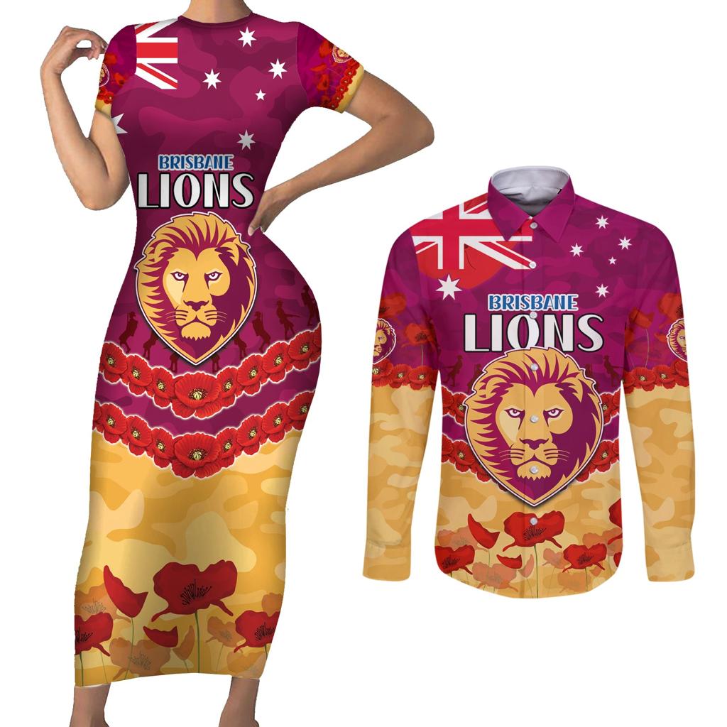 Custom Brisbane Lions Football Couples Matching Short Sleeve Bodycon Dress and Long Sleeve Button Shirt ANZAC Lest We Forget