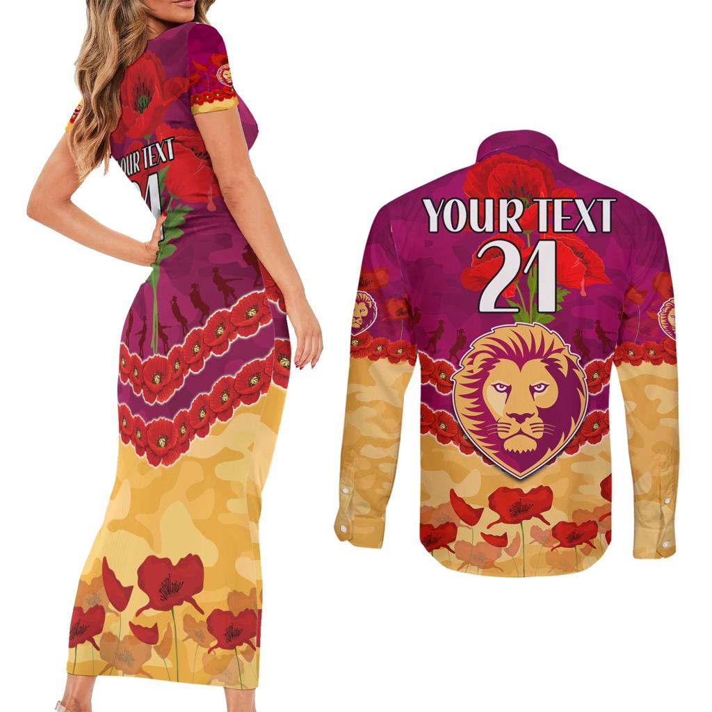 Custom Brisbane Lions Football Couples Matching Short Sleeve Bodycon Dress and Long Sleeve Button Shirt ANZAC Lest We Forget