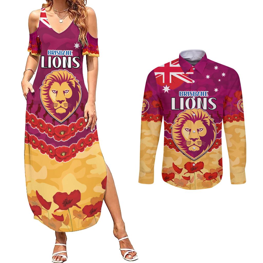 Custom Brisbane Lions Football Couples Matching Summer Maxi Dress and Long Sleeve Button Shirt ANZAC Lest We Forget