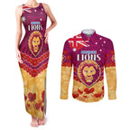 Custom Brisbane Lions Football Couples Matching Tank Maxi Dress and Long Sleeve Button Shirt ANZAC Lest We Forget
