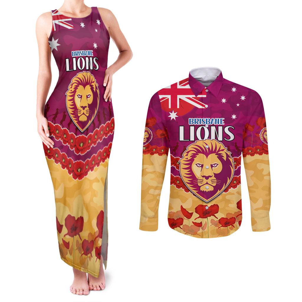 Custom Brisbane Lions Football Couples Matching Tank Maxi Dress and Long Sleeve Button Shirt ANZAC Lest We Forget