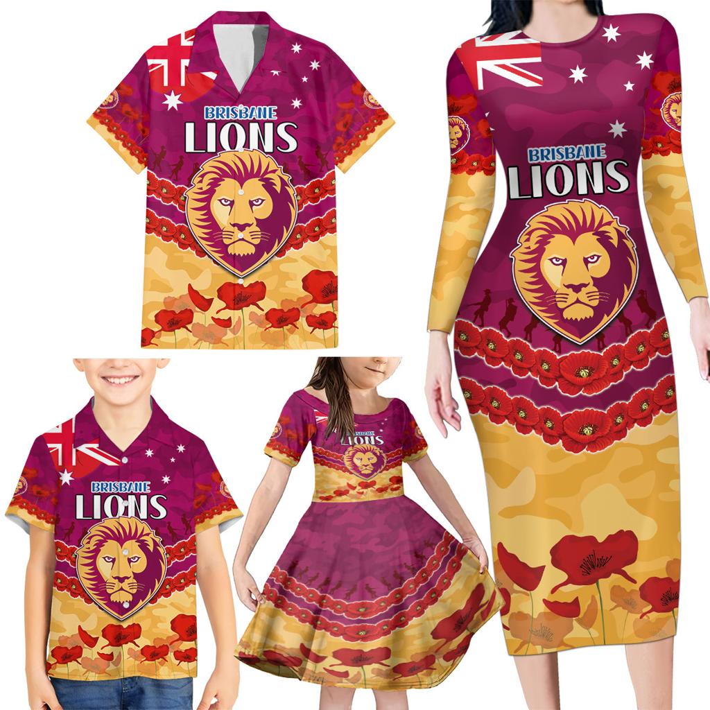 Custom Brisbane Lions Football Family Matching Long Sleeve Bodycon Dress and Hawaiian Shirt ANZAC Lest We Forget