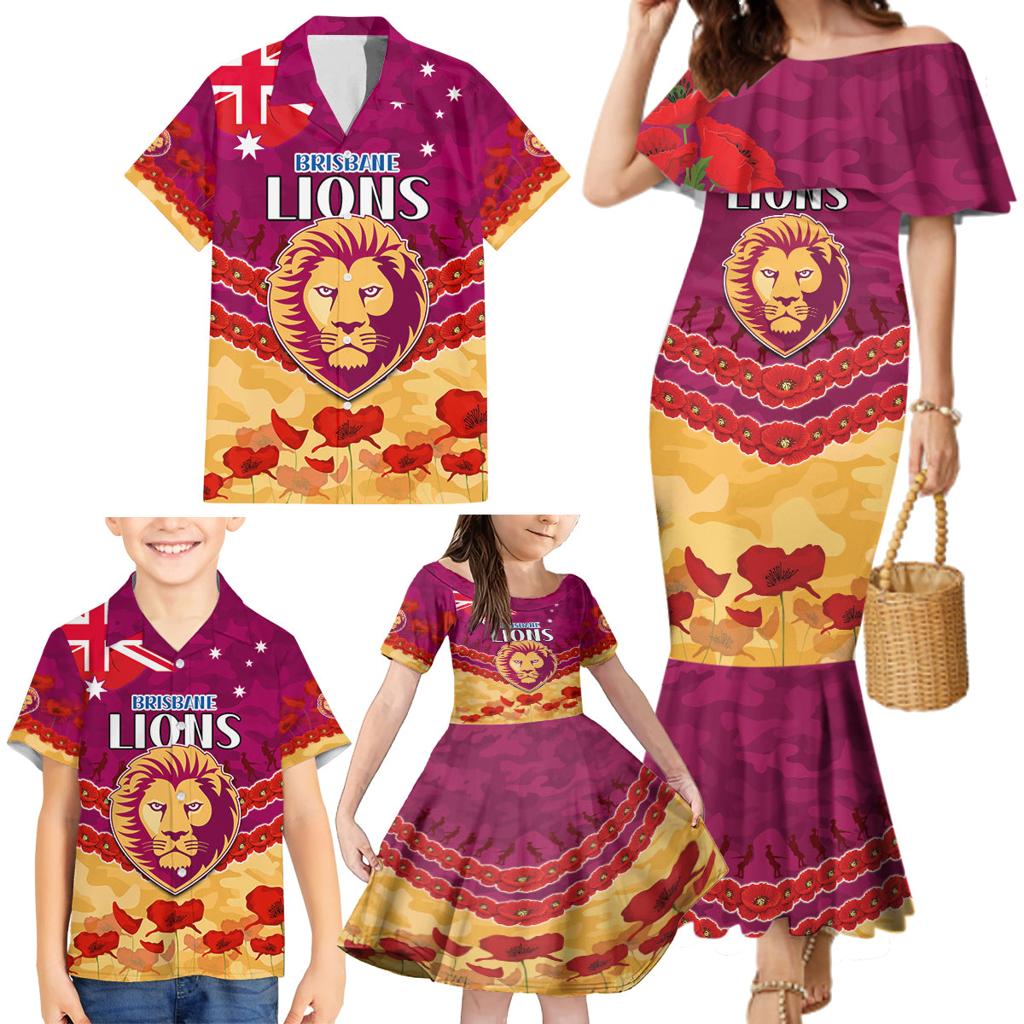 Custom Brisbane Lions Football Family Matching Mermaid Dress and Hawaiian Shirt ANZAC Lest We Forget