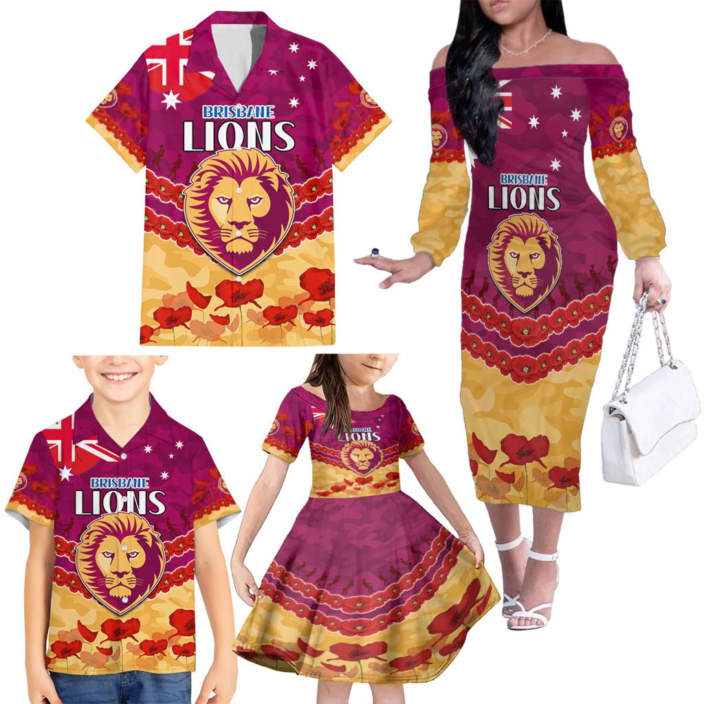 Custom Brisbane Lions Football Family Matching Off The Shoulder Long Sleeve Dress and Hawaiian Shirt ANZAC Lest We Forget
