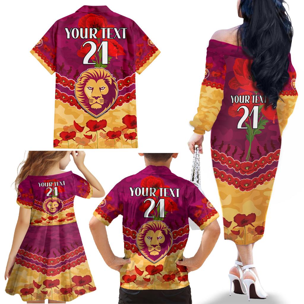 Custom Brisbane Lions Football Family Matching Off The Shoulder Long Sleeve Dress and Hawaiian Shirt ANZAC Lest We Forget