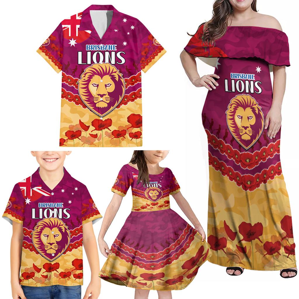 Custom Brisbane Lions Football Family Matching Off Shoulder Maxi Dress and Hawaiian Shirt ANZAC Lest We Forget