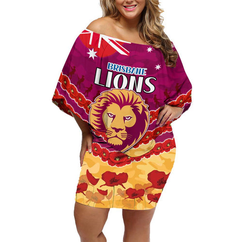 Custom Brisbane Lions Football Family Matching Off Shoulder Short Dress and Hawaiian Shirt ANZAC Lest We Forget