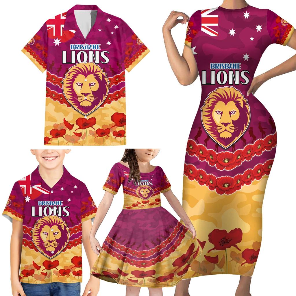 Custom Brisbane Lions Football Family Matching Short Sleeve Bodycon Dress and Hawaiian Shirt ANZAC Lest We Forget