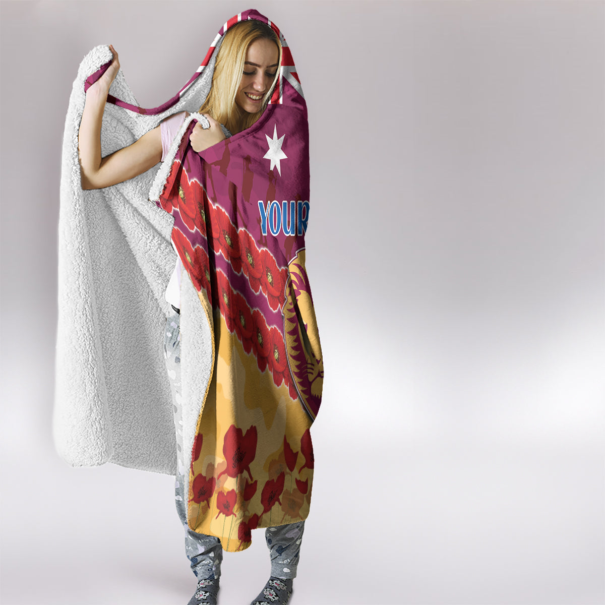 Custom Brisbane Lions Football Hooded Blanket ANZAC Lest We Forget