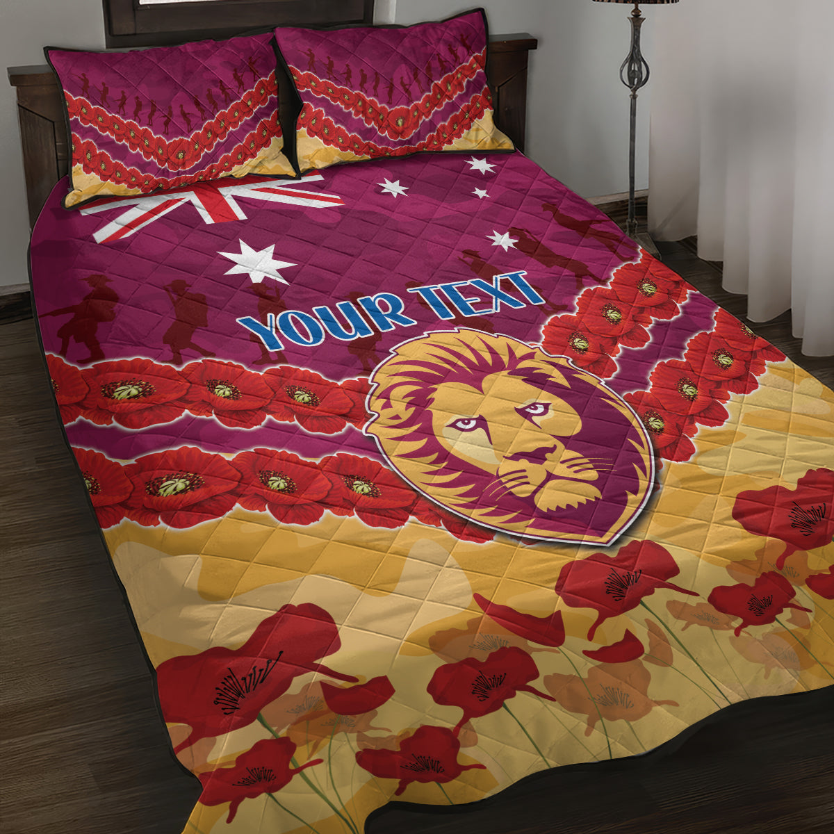 Custom Brisbane Lions Football Quilt Bed Set ANZAC Lest We Forget
