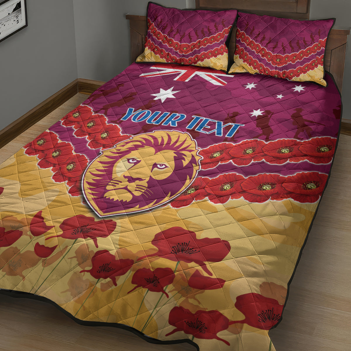 Custom Brisbane Lions Football Quilt Bed Set ANZAC Lest We Forget