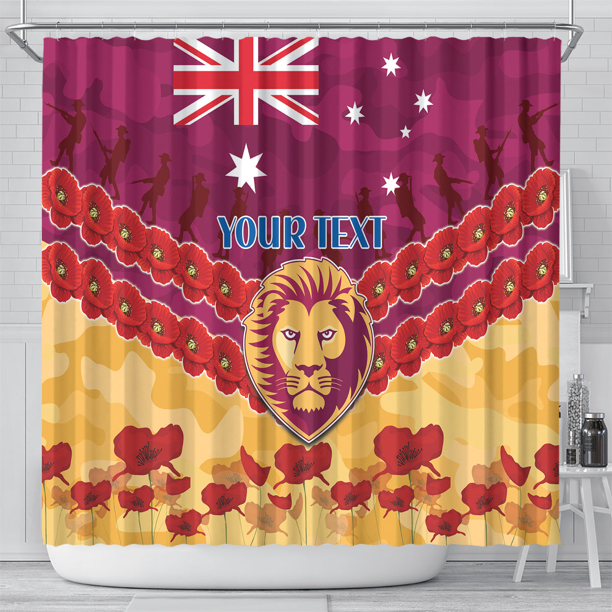 Custom Brisbane Lions Football Shower Curtain ANZAC Lest We Forget