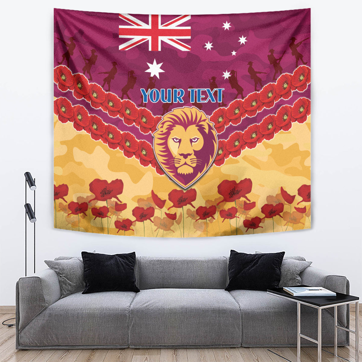Custom Brisbane Lions Football Tapestry ANZAC Lest We Forget