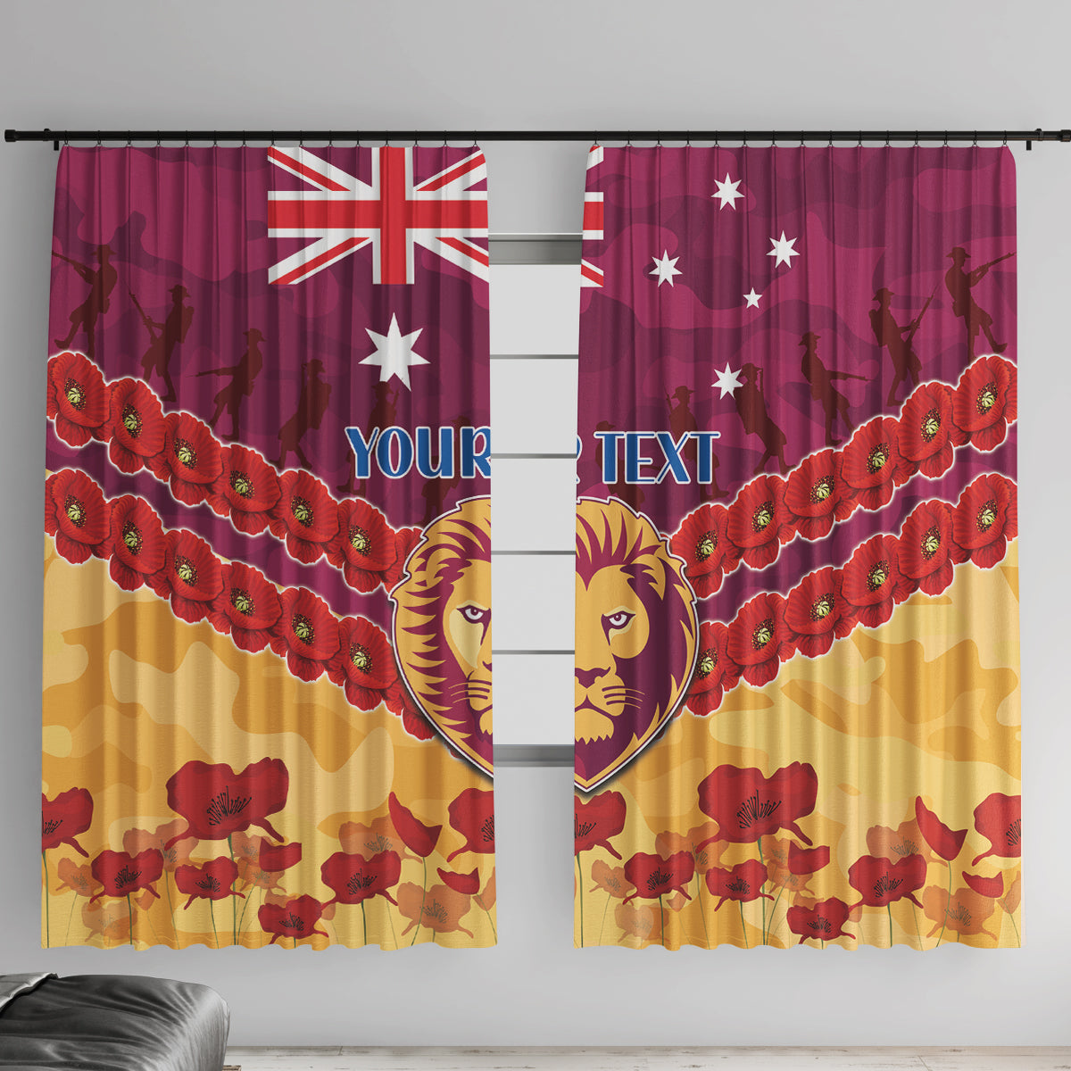 Custom Brisbane Lions Football Window Curtain ANZAC Lest We Forget