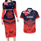 Custom Demons Football Couples Matching Long Sleeve Bodycon Dress and Hawaiian Shirt ANZAC Lest We Forget