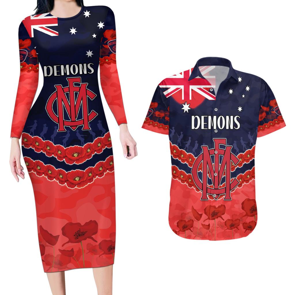 Custom Demons Football Couples Matching Long Sleeve Bodycon Dress and Hawaiian Shirt ANZAC Lest We Forget