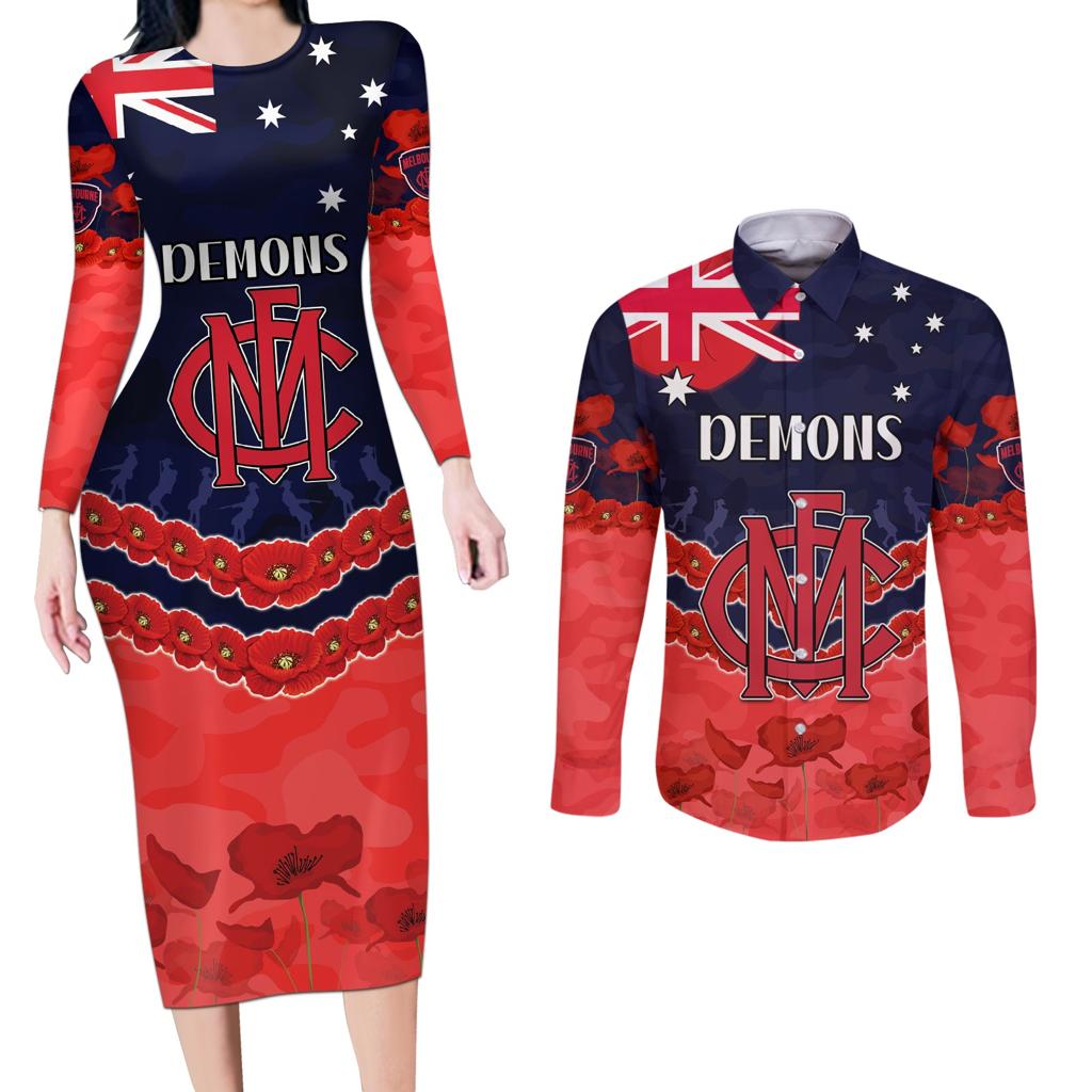 Custom Demons Football Couples Matching Long Sleeve Bodycon Dress and Long Sleeve Button Shirt ANZAC Lest We Forget