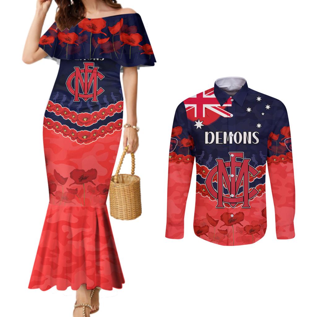 Custom Demons Football Couples Matching Mermaid Dress and Long Sleeve Button Shirt ANZAC Lest We Forget