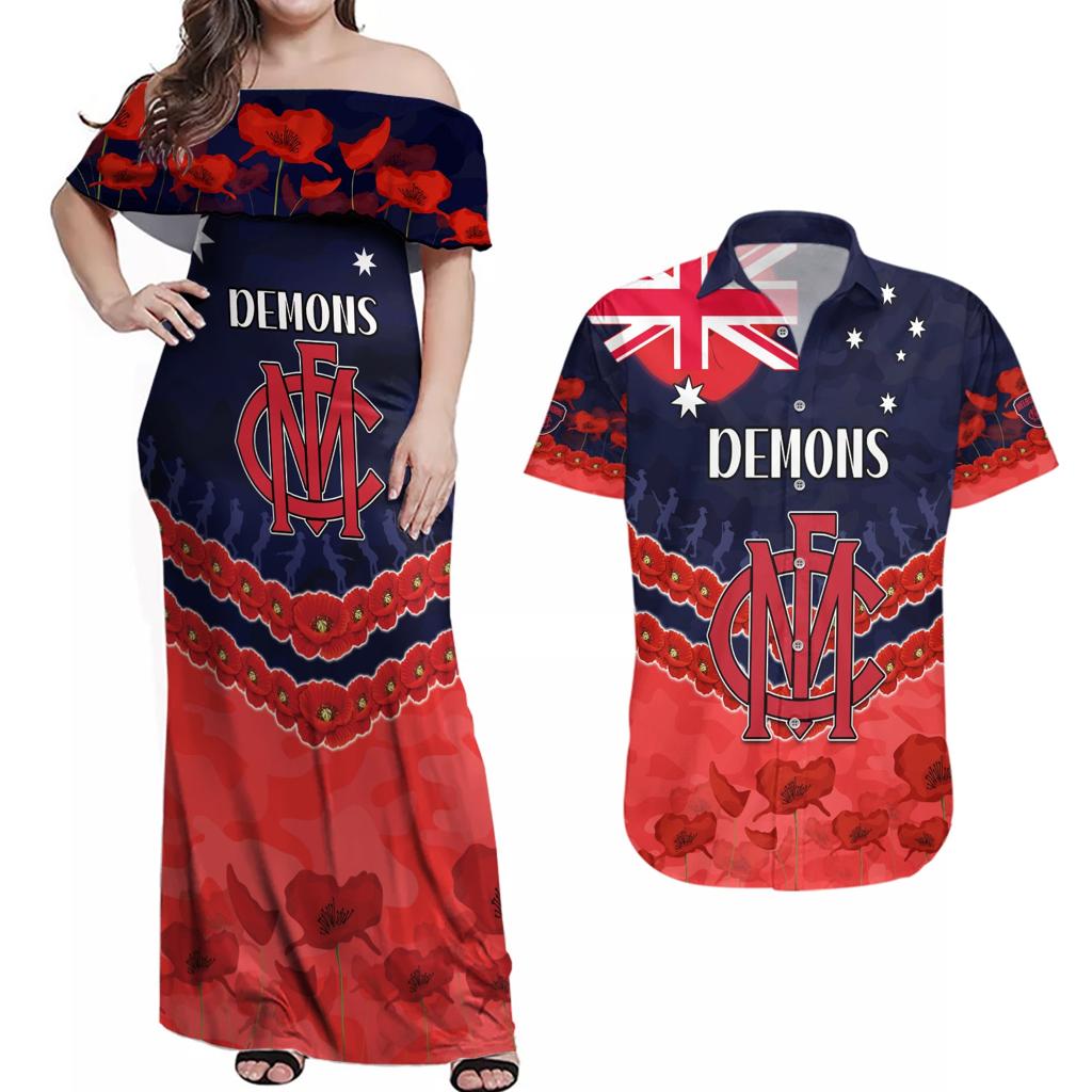 Custom Demons Football Couples Matching Off Shoulder Maxi Dress and Hawaiian Shirt ANZAC Lest We Forget