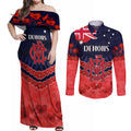 Custom Demons Football Couples Matching Off Shoulder Maxi Dress and Long Sleeve Button Shirt ANZAC Lest We Forget