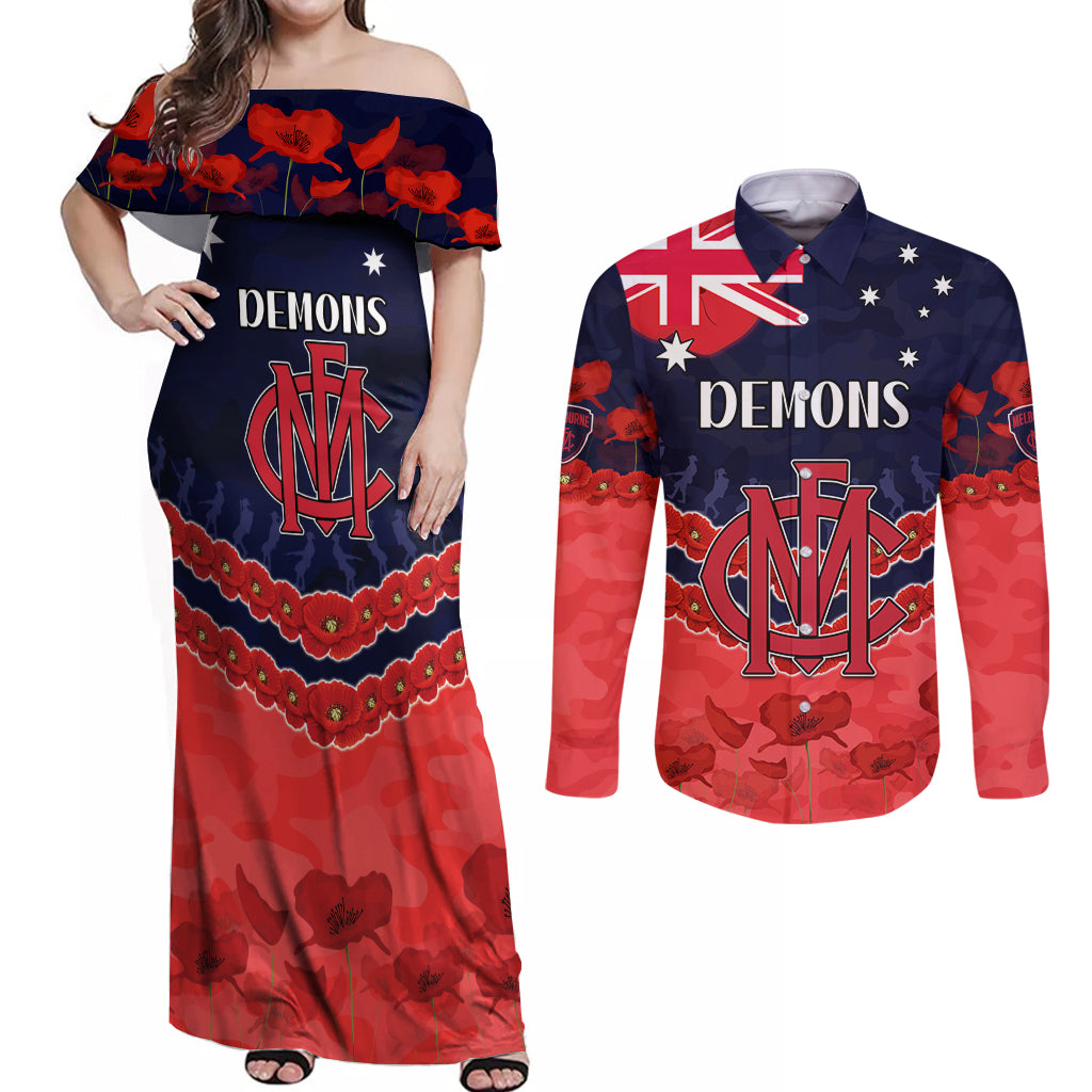 Custom Demons Football Couples Matching Off Shoulder Maxi Dress and Long Sleeve Button Shirt ANZAC Lest We Forget