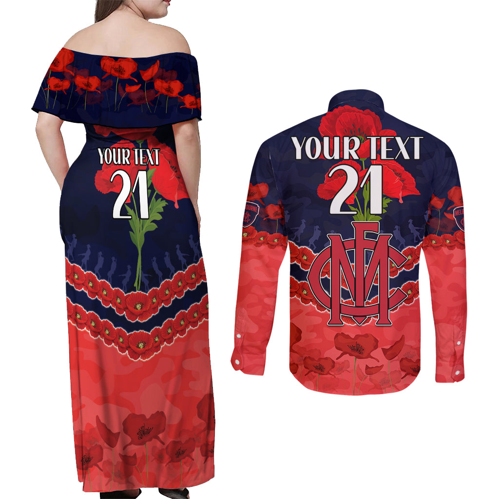 Custom Demons Football Couples Matching Off Shoulder Maxi Dress and Long Sleeve Button Shirt ANZAC Lest We Forget