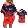 Custom Demons Football Couples Matching Off Shoulder Short Dress and Hawaiian Shirt ANZAC Lest We Forget