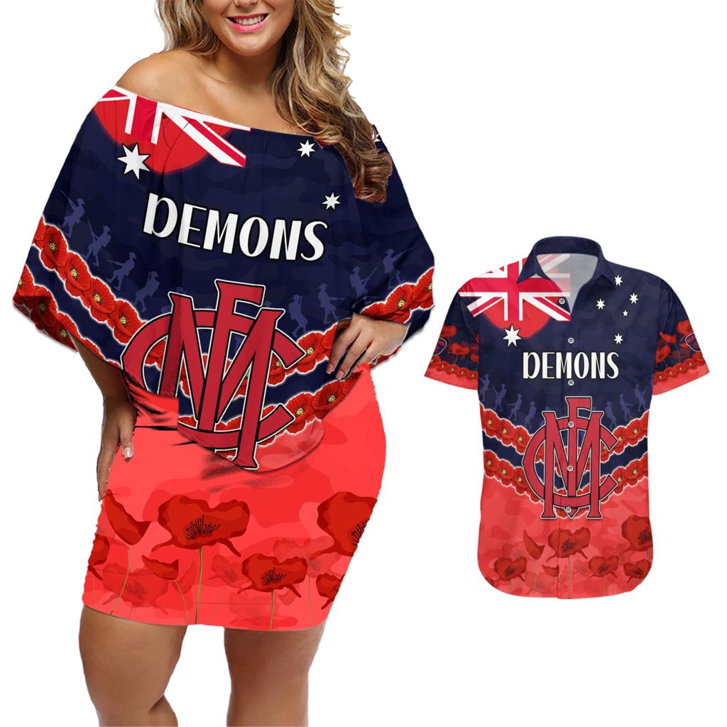 Custom Demons Football Couples Matching Off Shoulder Short Dress and Hawaiian Shirt ANZAC Lest We Forget