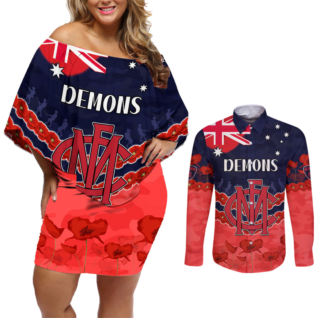 Custom Demons Football Couples Matching Off Shoulder Short Dress and Long Sleeve Button Shirt ANZAC Lest We Forget