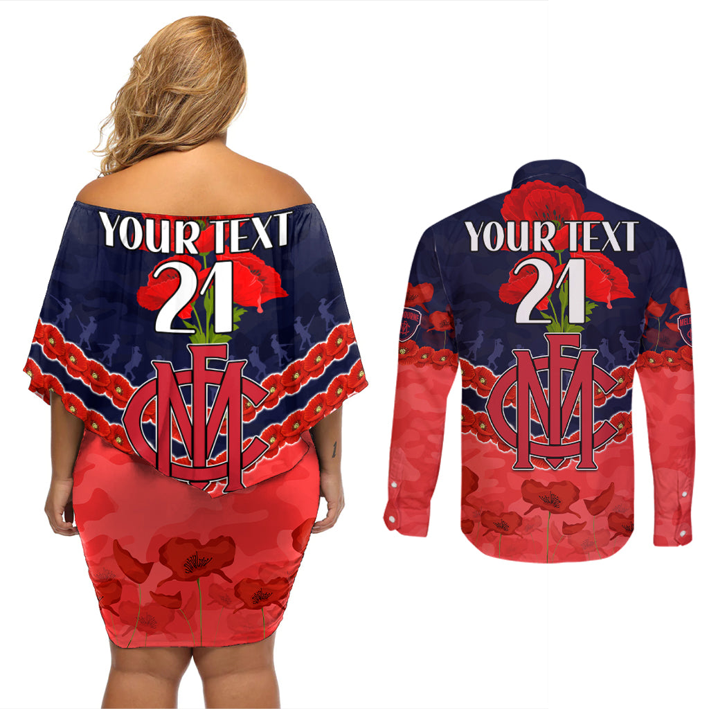 Custom Demons Football Couples Matching Off Shoulder Short Dress and Long Sleeve Button Shirt ANZAC Lest We Forget