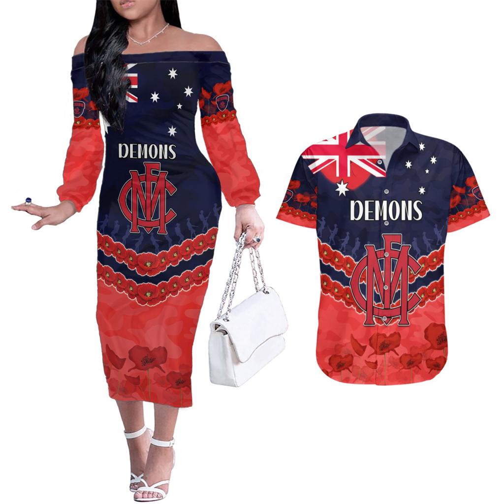 Custom Demons Football Couples Matching Off The Shoulder Long Sleeve Dress and Hawaiian Shirt ANZAC Lest We Forget