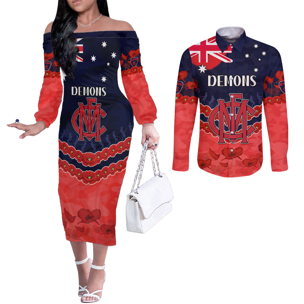 Custom Demons Football Couples Matching Off The Shoulder Long Sleeve Dress and Long Sleeve Button Shirt ANZAC Lest We Forget