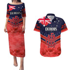 Custom Demons Football Couples Matching Puletasi and Hawaiian Shirt ANZAC Lest We Forget