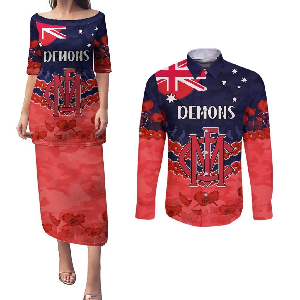 Custom Demons Football Couples Matching Puletasi and Long Sleeve Button Shirt ANZAC Lest We Forget