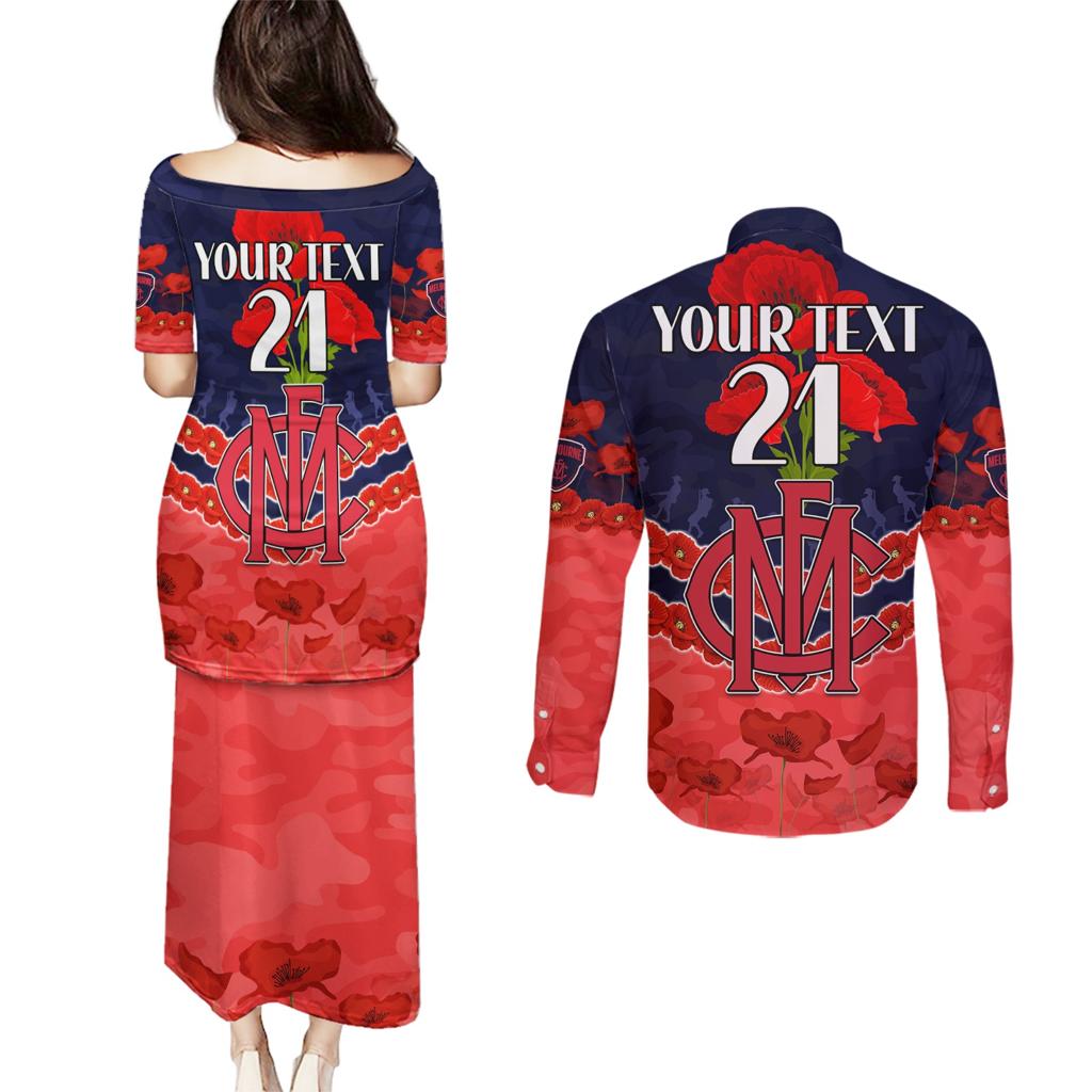 Custom Demons Football Couples Matching Puletasi and Long Sleeve Button Shirt ANZAC Lest We Forget