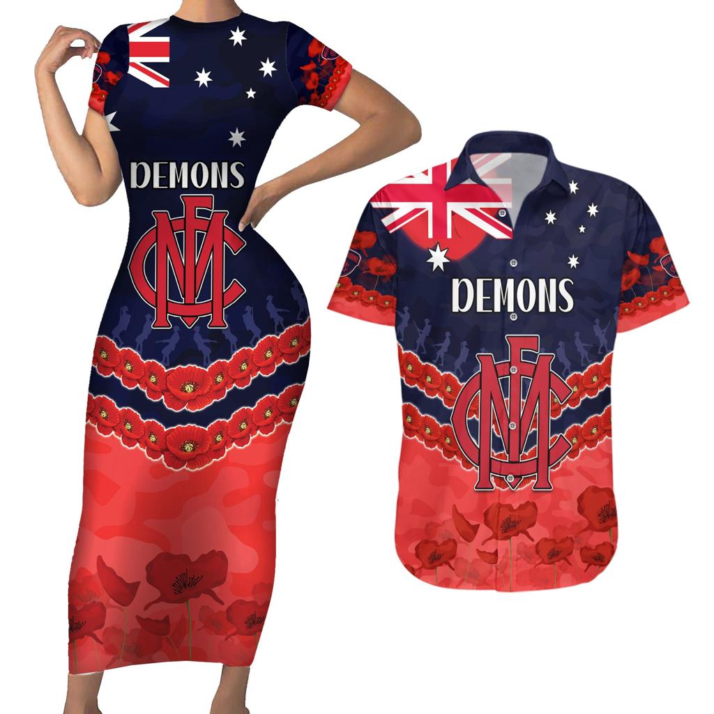 Custom Demons Football Couples Matching Short Sleeve Bodycon Dress and Hawaiian Shirt ANZAC Lest We Forget