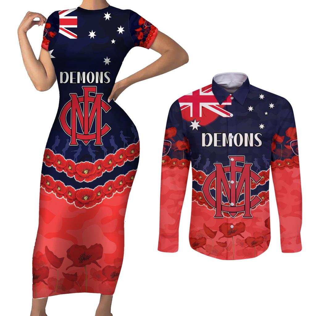 Custom Demons Football Couples Matching Short Sleeve Bodycon Dress and Long Sleeve Button Shirt ANZAC Lest We Forget