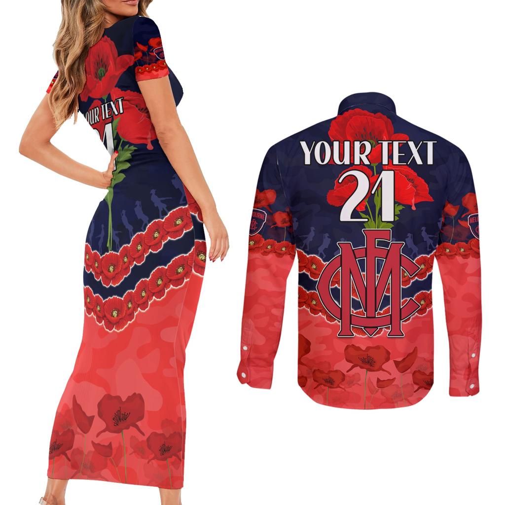 Custom Demons Football Couples Matching Short Sleeve Bodycon Dress and Long Sleeve Button Shirt ANZAC Lest We Forget