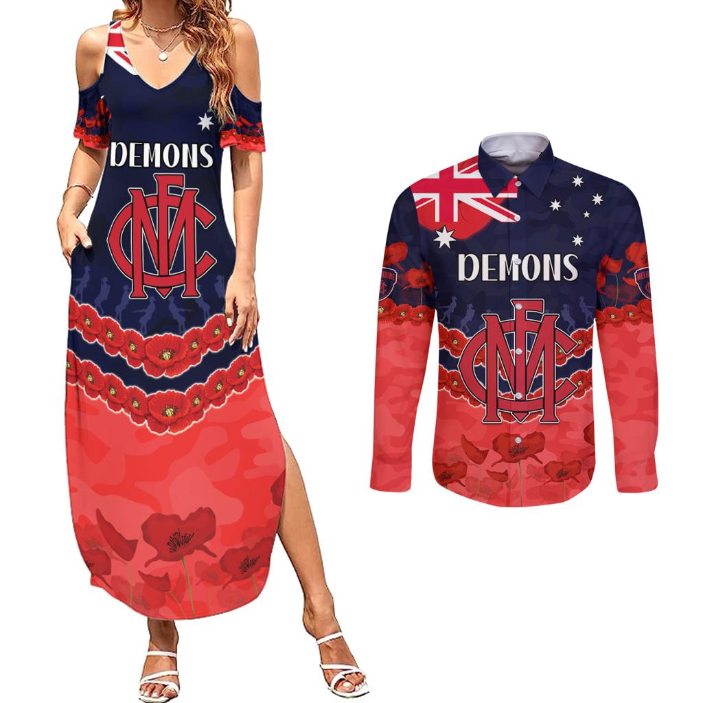Custom Demons Football Couples Matching Summer Maxi Dress and Long Sleeve Button Shirt ANZAC Lest We Forget