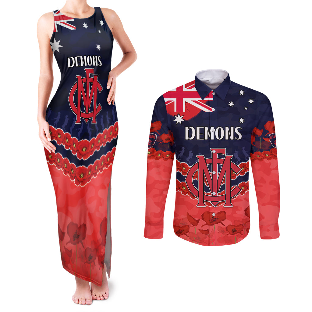 Custom Demons Football Couples Matching Tank Maxi Dress and Long Sleeve Button Shirt ANZAC Lest We Forget