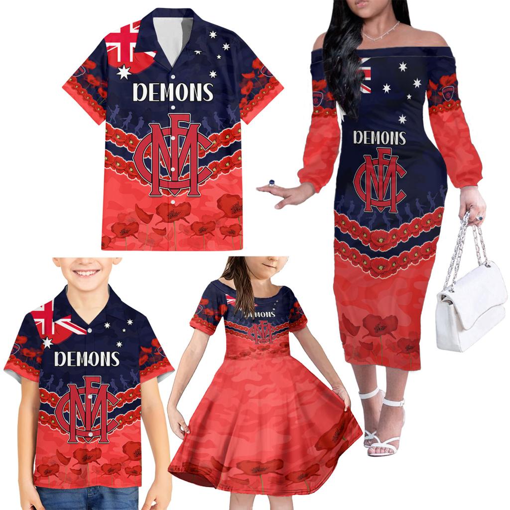 Custom Demons Football Family Matching Off The Shoulder Long Sleeve Dress and Hawaiian Shirt ANZAC Lest We Forget