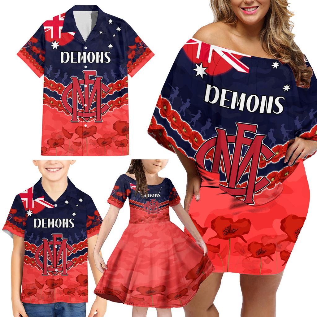 Custom Demons Football Family Matching Off Shoulder Short Dress and Hawaiian Shirt ANZAC Lest We Forget