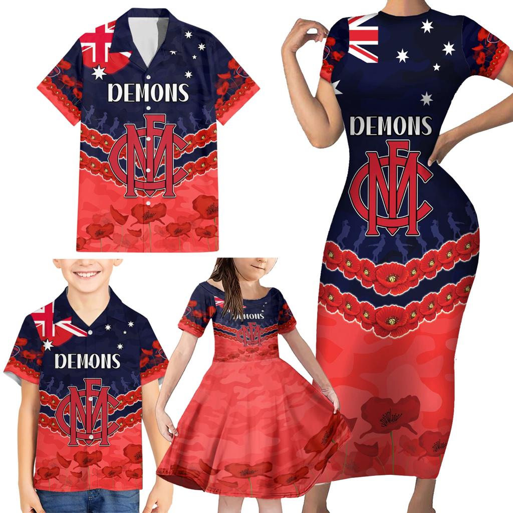 Custom Demons Football Family Matching Short Sleeve Bodycon Dress and Hawaiian Shirt ANZAC Lest We Forget
