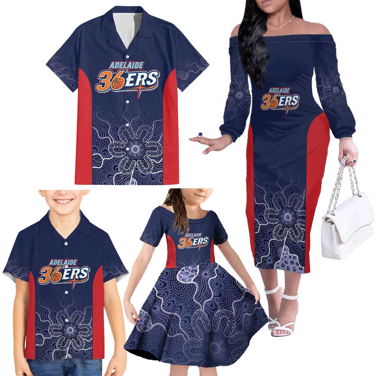 Basketball Custom Adelaide Family Matching Off The Shoulder Long Sleeve Dress and Hawaiian Shirt Simple Australian Dot Art - Aussie Hoodie