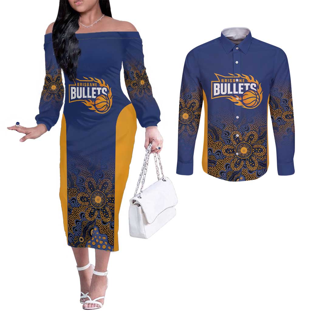 Basketball Custom Brisbane Couples Matching Off The Shoulder Long Sleeve Dress and Long Sleeve Button Shirt Simple Australian Dot Art - Aussie Hoodie