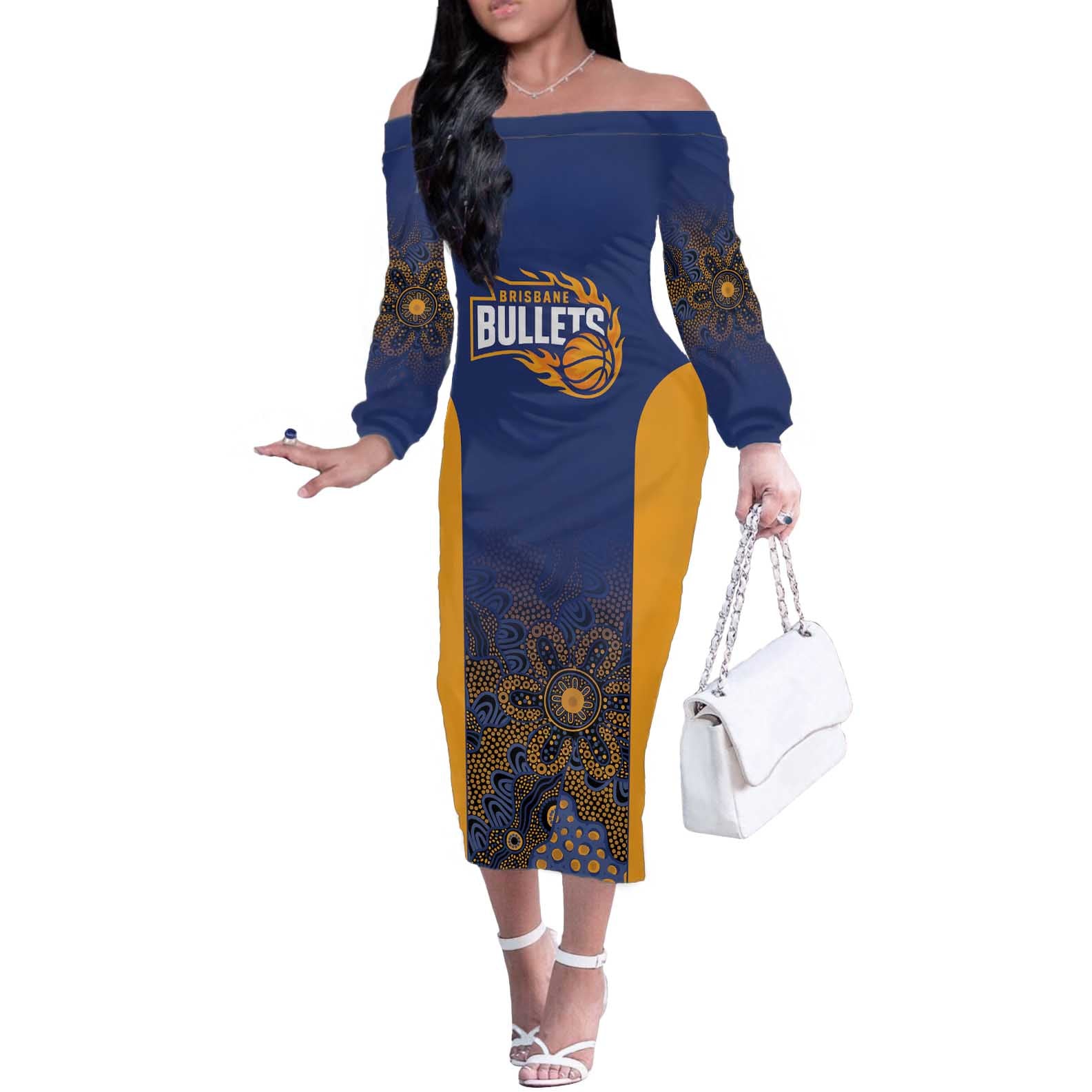 Basketball Custom Brisbane Off The Shoulder Long Sleeve Dress Simple Australian Dot Art - Aussie Hoodie