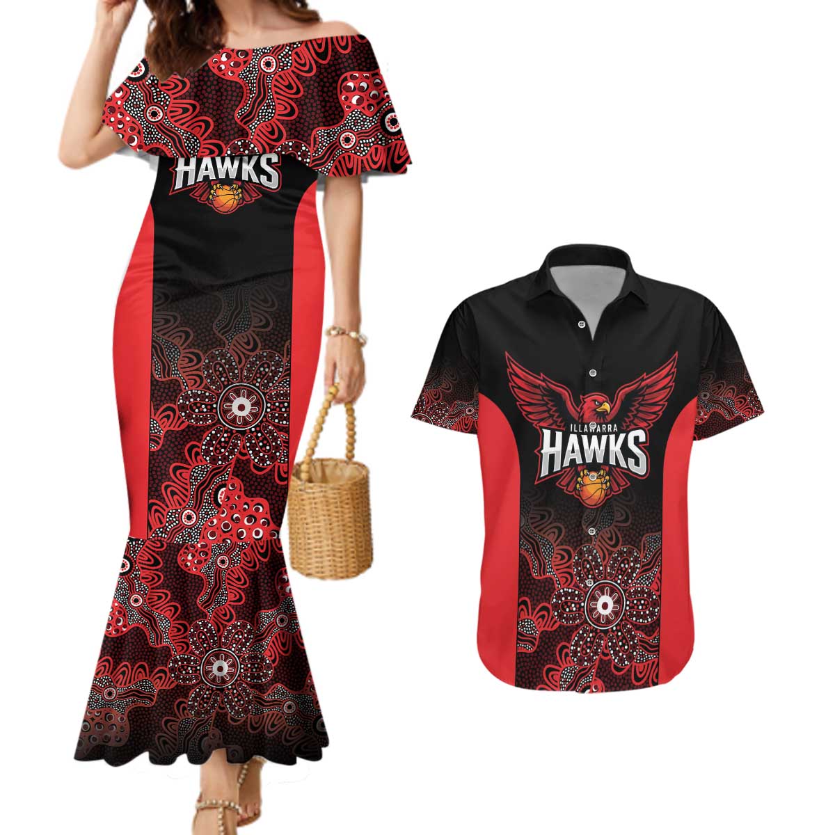 Basketball Custom Illawarra Couples Matching Mermaid Dress and Hawaiian Shirt Simple Australian Dot Art - Aussie Hoodie